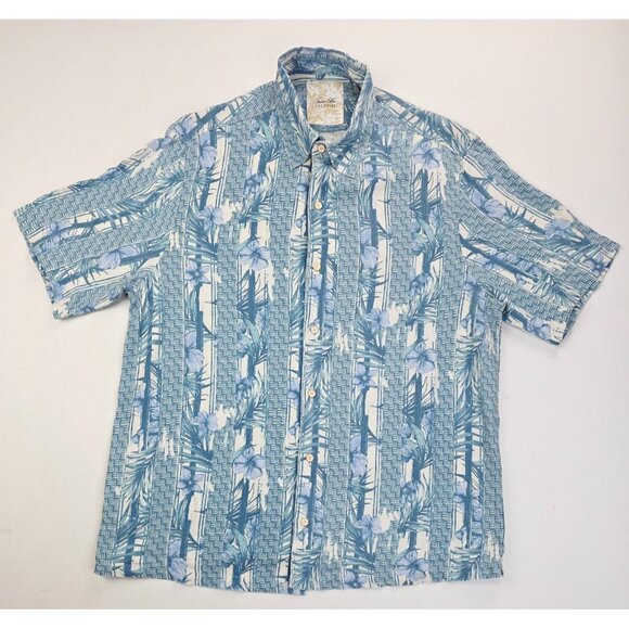 Tasso Elba Island Sz Medium Mens Blue Floral Silk Linen Blend Short Sleeve Shirt - Picture 1 of 9